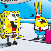 SpongeBob SquarePants talking to a mouse in an airport, 2024 Cartoon